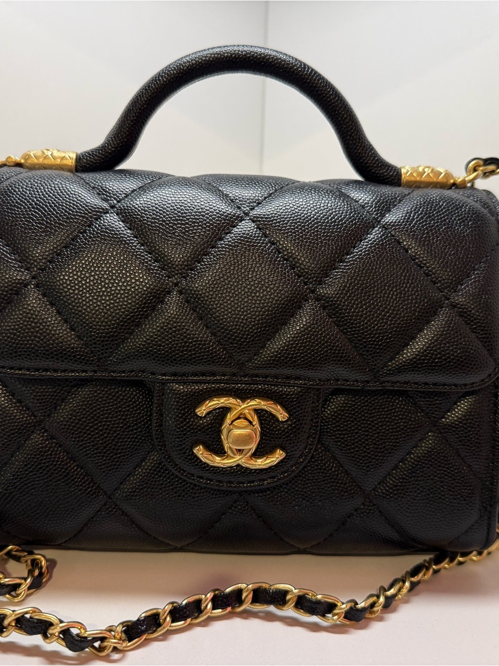 Source Unknown NOT REAL Black Quilted Leather Crossbody Bag with Gold Hardware